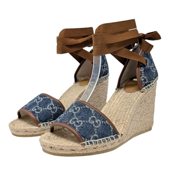Gucci Pilar GG Monogram Denim D'Orsay Espadrille Wedge Heel Sandal Blue Tan  37 - Picture 2 of 11
